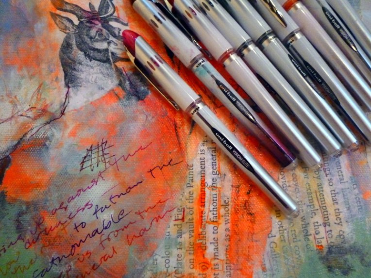 Uniball Vision Elite Pens on mixed media painting by Suzanne Edminster